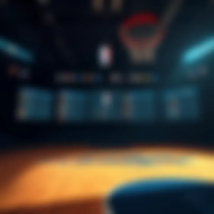 Basketball court with a scoreboard displaying teams and betting odds
