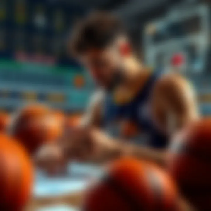 A basketball player analyzing game statistics and odds for betting, surrounded by basketballs and charts