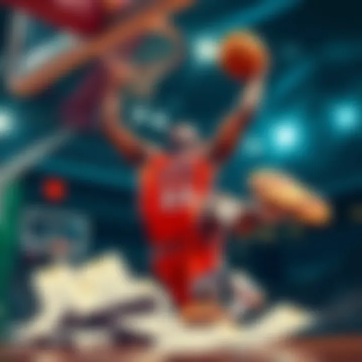 A basketball player making a slam dunk, with betting slips nearby, symbolizing high stakes betting