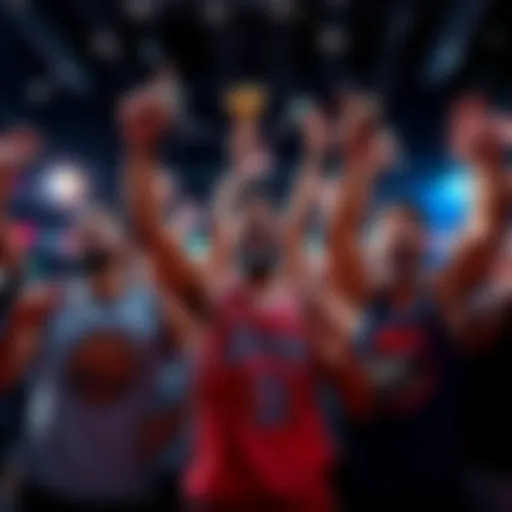 Group of happy bettors celebrating NBA wins with money in hand