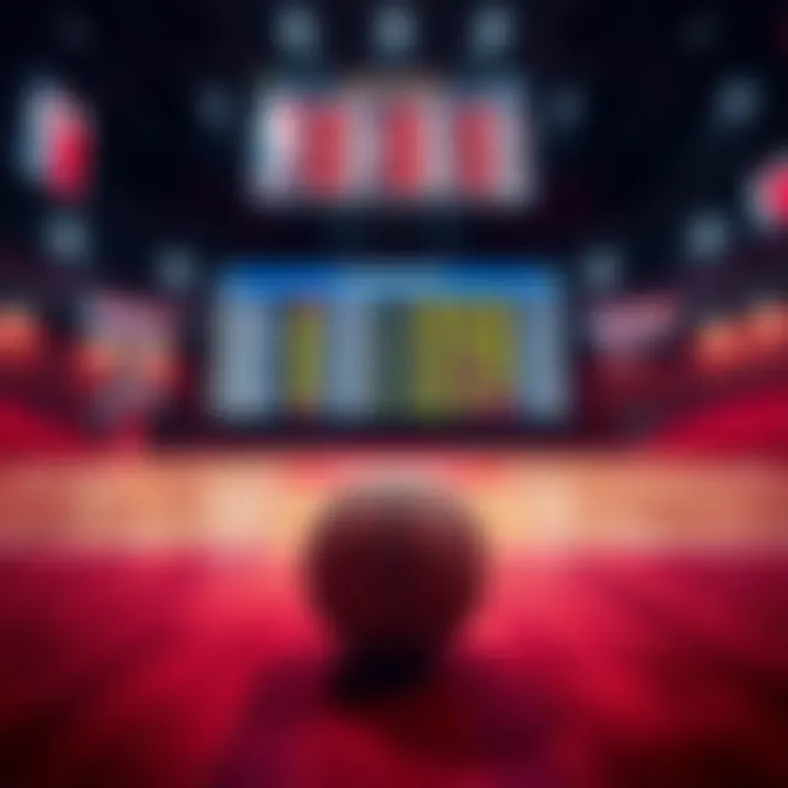 A basketball court with betting odds displayed on a screen and a basketball on the floor