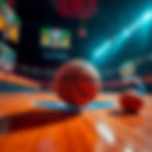 Basketball court with betting odds displayed and a ball