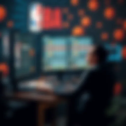 A person analyzing NBA betting odds on a computer with basketball graphics around