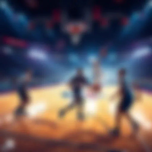 A basketball court with players in action and betting odds displayed.