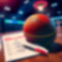 A basketball with betting odds and a notepad showing analysis for NBA games