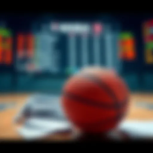 A basketball with betting slips and a scoreboard in the background