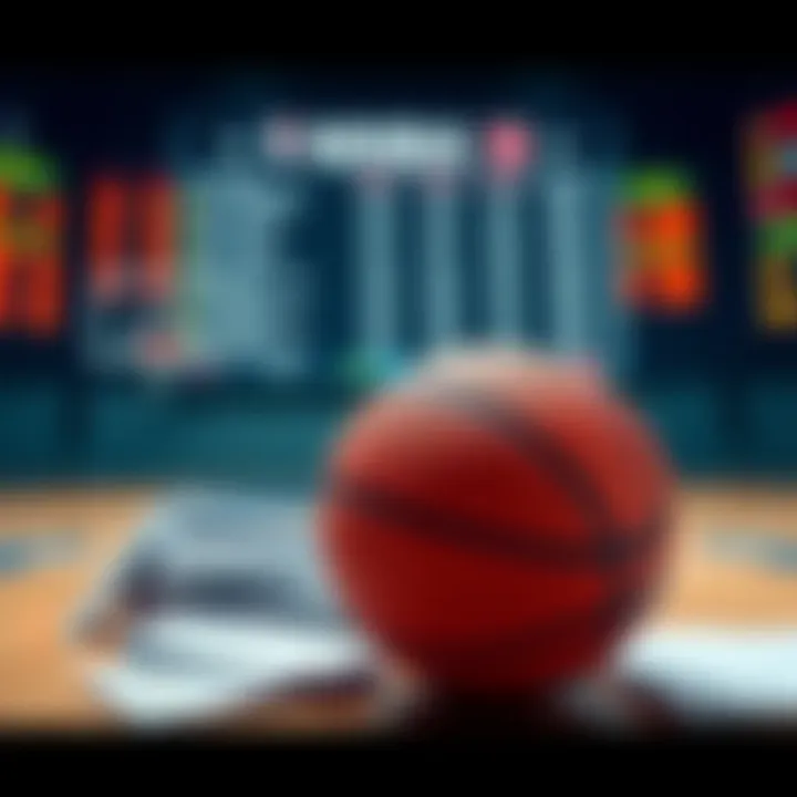 A basketball with betting slips and a scoreboard in the background