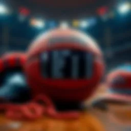 A basketball with betting odds displayed, surrounded by basketball gear and a court background