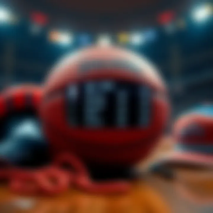 A basketball with betting odds displayed, surrounded by basketball gear and a court background