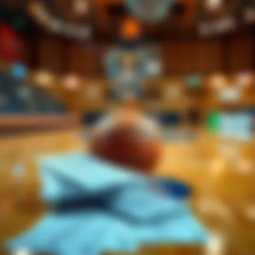 Basketball court with betting slips and a basketball on it