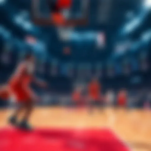 Basketball scene showing players in action during a game, with betting odds displayed in the background