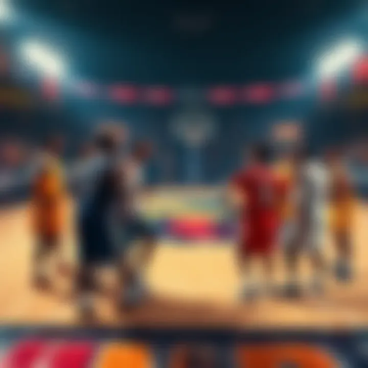 NBA Draft Picks Analysis A basketball court with players representing NBA teams discussing their draft picks and strategies for upcoming games.