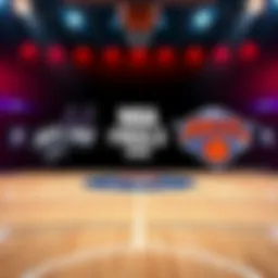 A basketball court with Spurs and Knicks logos, highlighting the matchup for the NBA Finals on March 6, 2026