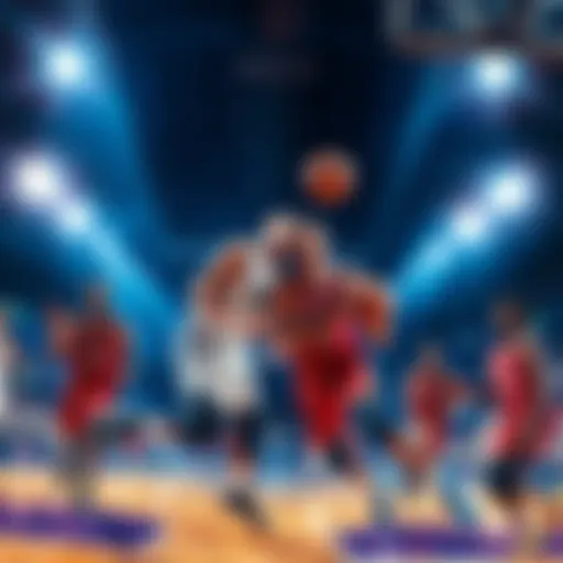 Exciting NBA game with players competing on the court under bright lights