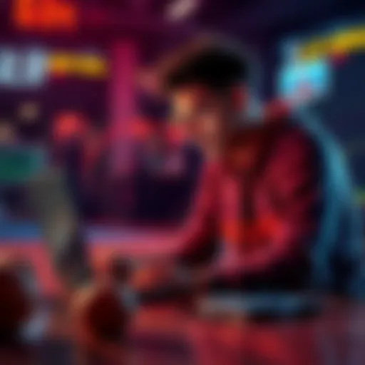 A person studying NBA statistics and making betting decisions with a laptop and basketballs around