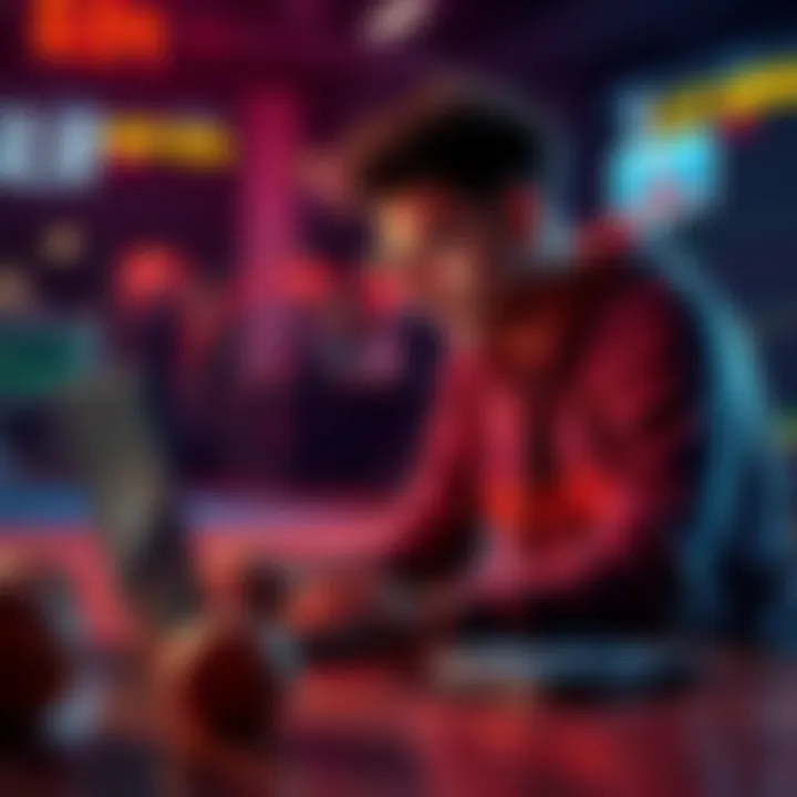 A person studying NBA statistics and making betting decisions with a laptop and basketballs around