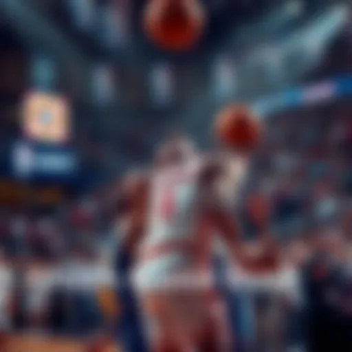 Basketball players in action during an NBA game with a crowd cheering in the background