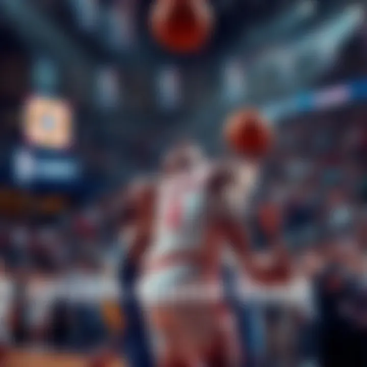 Basketball players in action during an NBA game with a crowd cheering in the background