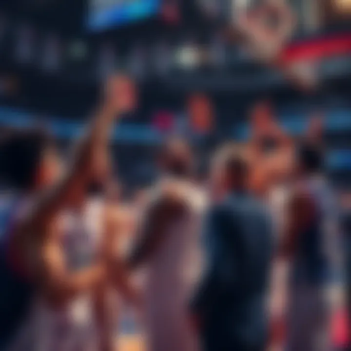 Players celebrating after a basketball game with scores displayed on the scoreboard