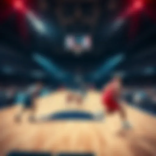 A basketball court with players in action during an NBA game, showcasing dynamic movements and teamwork.