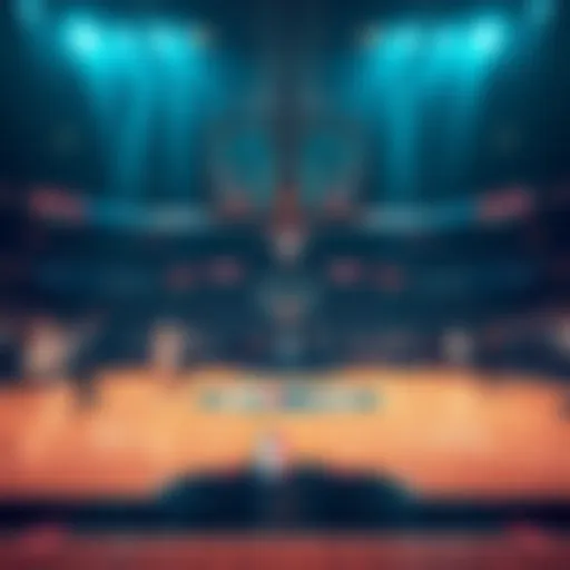 Basketball court with players and stats on display for an NBA game analysis