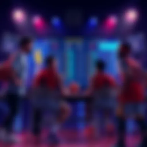 Basketball players analyzing game stats on a digital screen