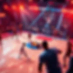 A basketball court with players in action, showcasing strategies during a game