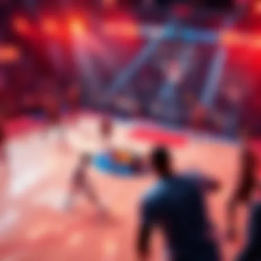 A basketball court with players in action, showcasing strategies during a game