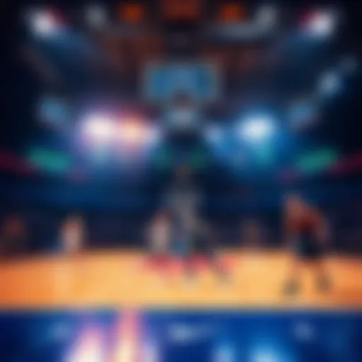 NBA Games Analysis A basketball court with teams playing and analysis graphics showing player statistics and betting odds.