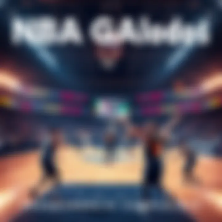 A basketball court with players in action during an NBA game, highlighting excitement and competition.