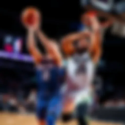 Luka Doncic shooting a basketball while Andre Drummond rebounds in an intense NBA game setting.