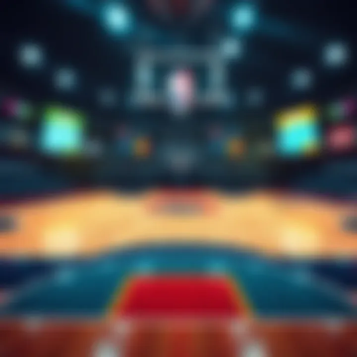 A basketball court with team logos and betting odds displayed