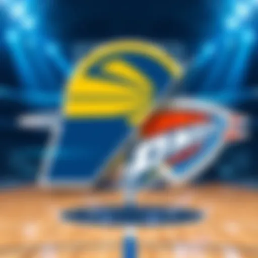 Graphic showing the logos of Pacers and Thunder with a basketball court background