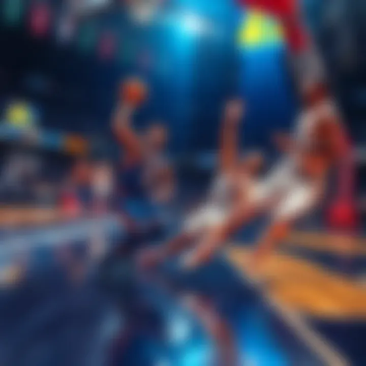 Basketball players in action on the court during an NBA game with betting odds displayed in the foreground