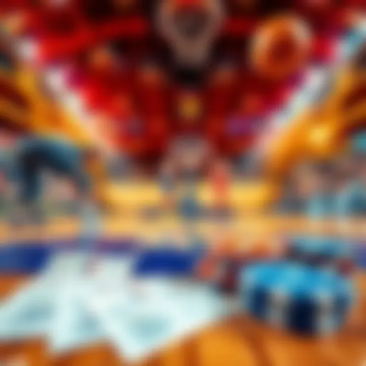 A basketball court with players preparing for a game with betting slips and chips in the foreground.