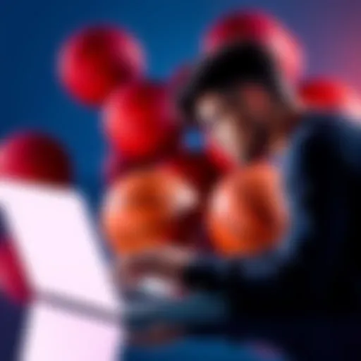 A person reviewing NBA betting odds on a laptop with basketballs in the background