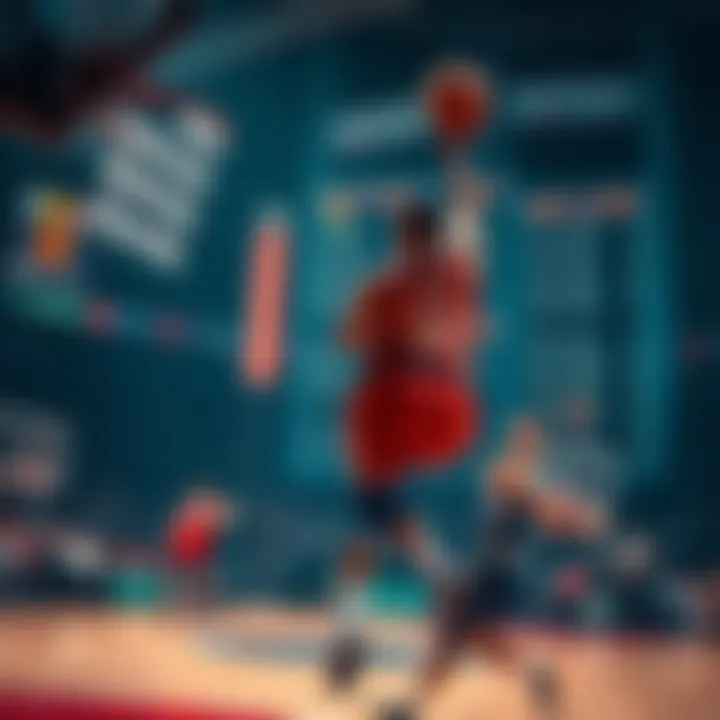 A basketball player shooting a basket with betting odds displayed in the background