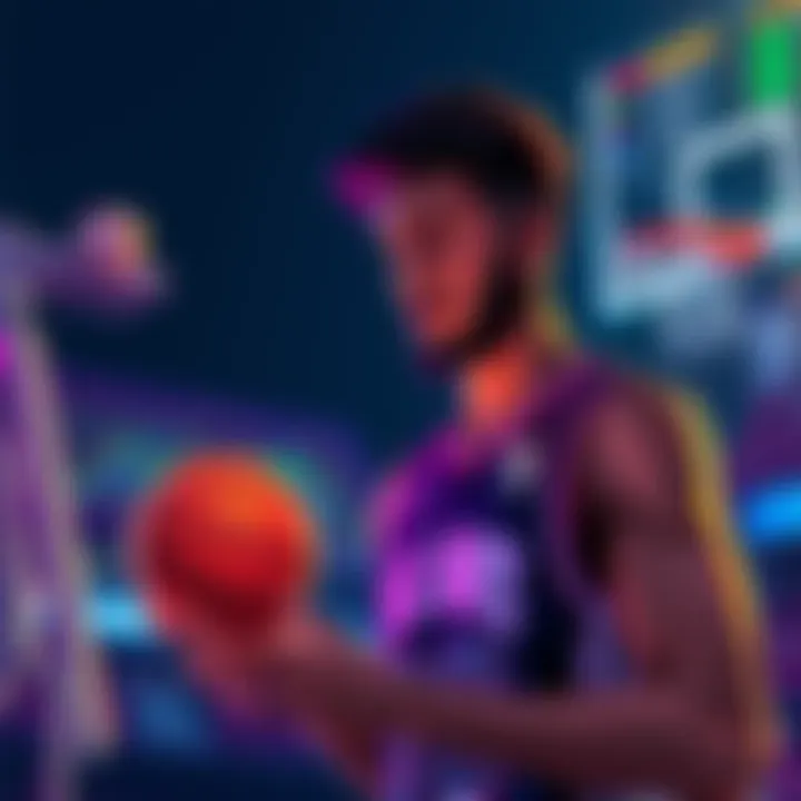 Illustration of a basketball player analyzing data for betting strategies