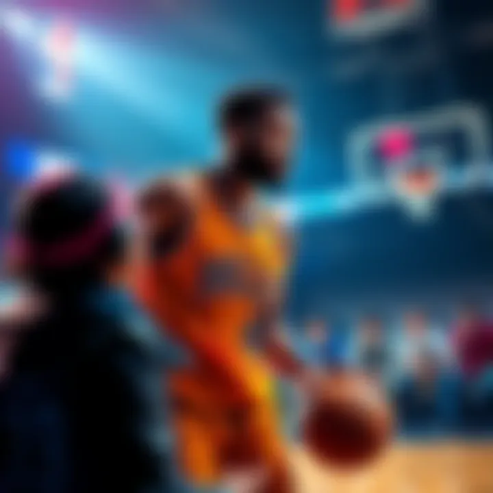 A basketball player in action while people discuss betting strategies