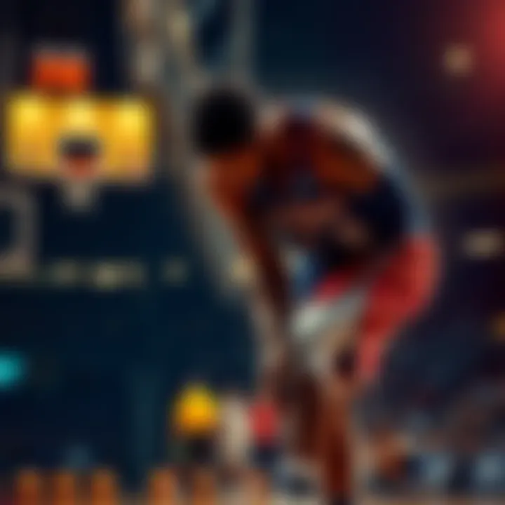 NBA player facing injury challenge A basketball player holds his knee in pain during a game, highlighting the impact of injuries on team lineups.