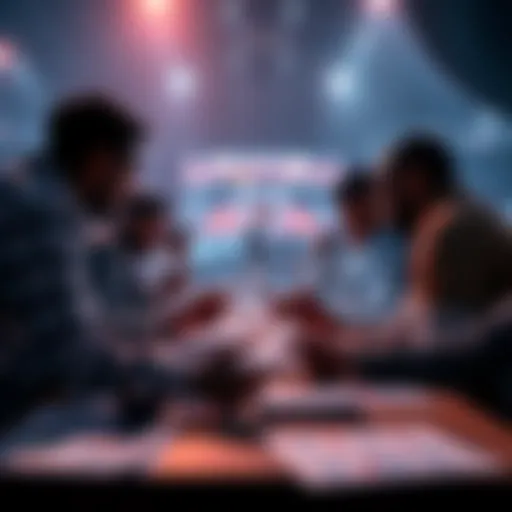 People discussing NBA player bets with charts and notes on a table