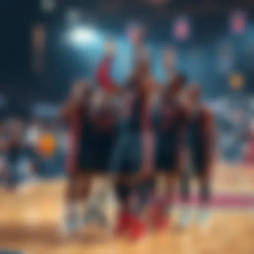 A group of NBA players joyfully celebrating after a successful game, showcasing teamwork and unity