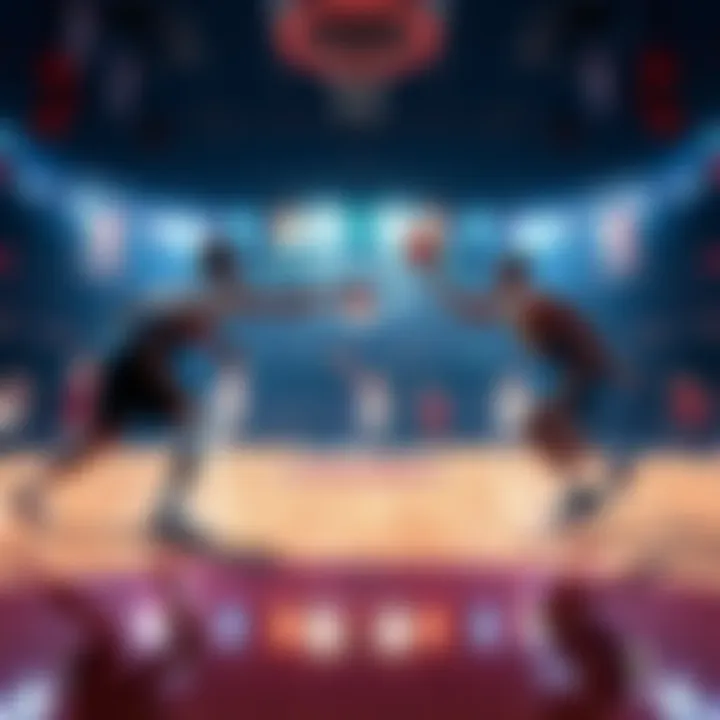 Basketball players competing in an intense game on the court, showcasing skills and teamwork.