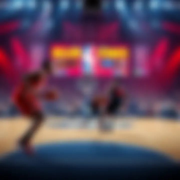 Basketball players competing in a playoff game with a scoreboard in the background showing high stakes