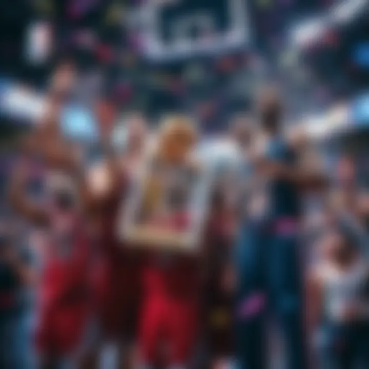 Players celebrating their victory in the NBA playoffs, holding the championship trophy and wearing team jerseys, with confetti falling in a packed arena.