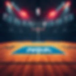 A basketball court with the NBA logo and betting odds displayed on a scoreboard
