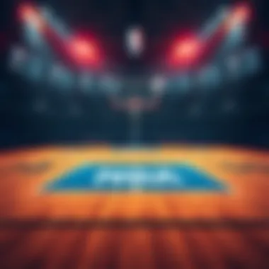 A basketball court with the NBA logo and betting odds displayed on a scoreboard