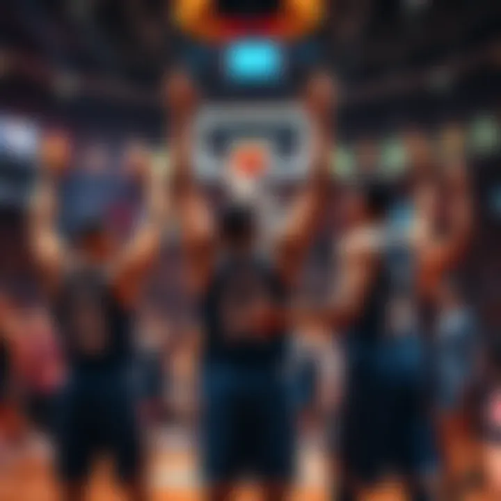 Players celebrating after a big win in a basketball game, showcasing excitement and teamwork.