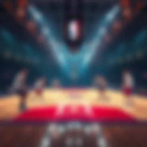 Basketball court with teams warming up for the NBA season