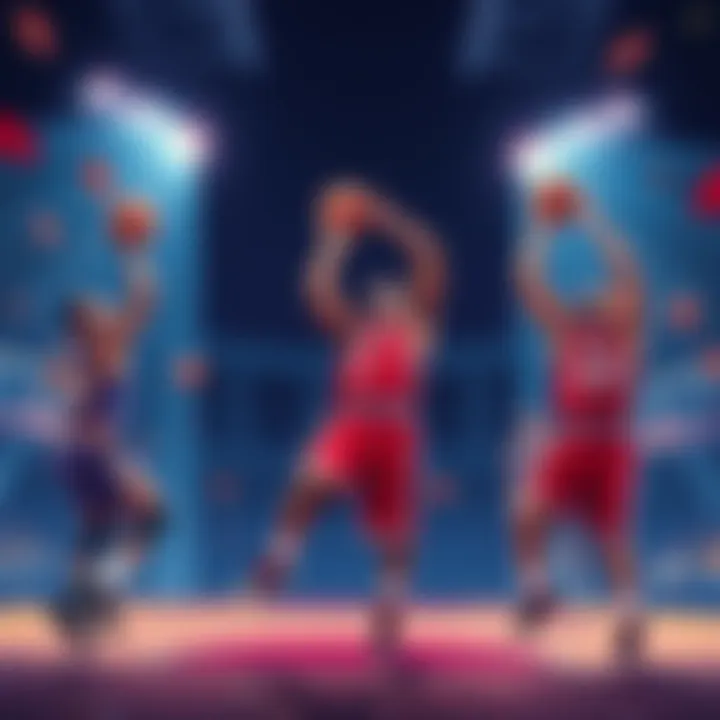 Illustration of three NBA basketball players shooting the ball, representing a betting strategy for shooters.